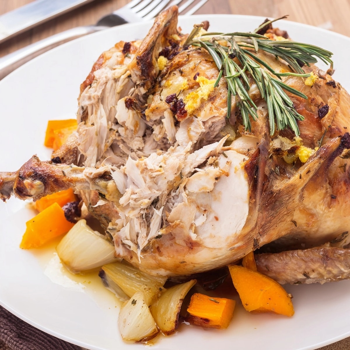 Golden Rosemary Garlic Roasted Chicken, glistening and ready to carve on a bed of vegetables.