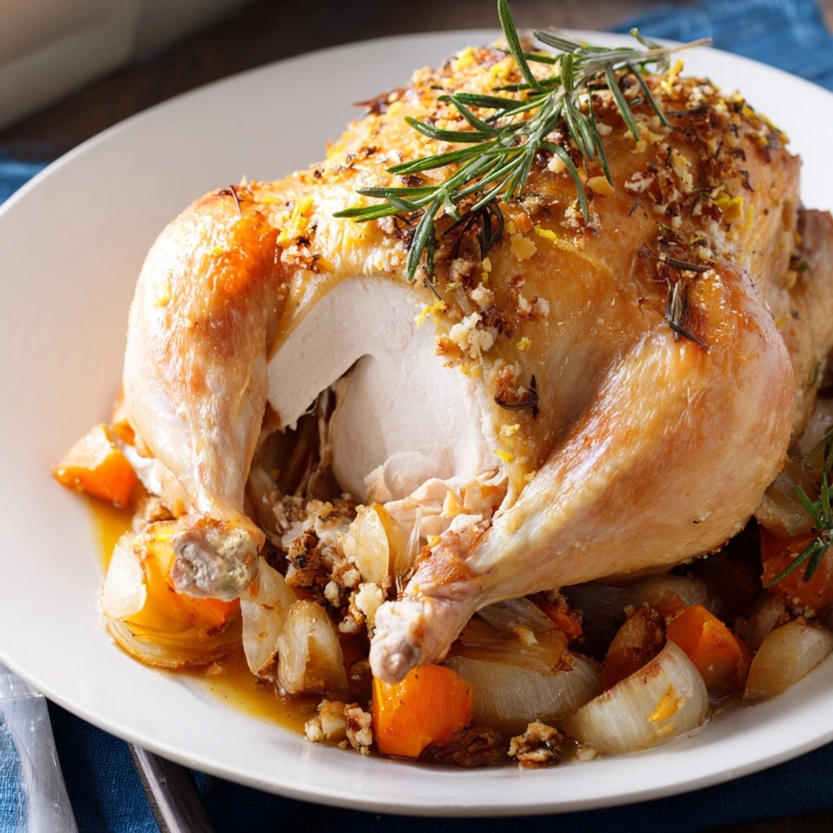 Close-up of crispy skin on Rosemary Garlic Roasted Chicken, ready for a family meal.