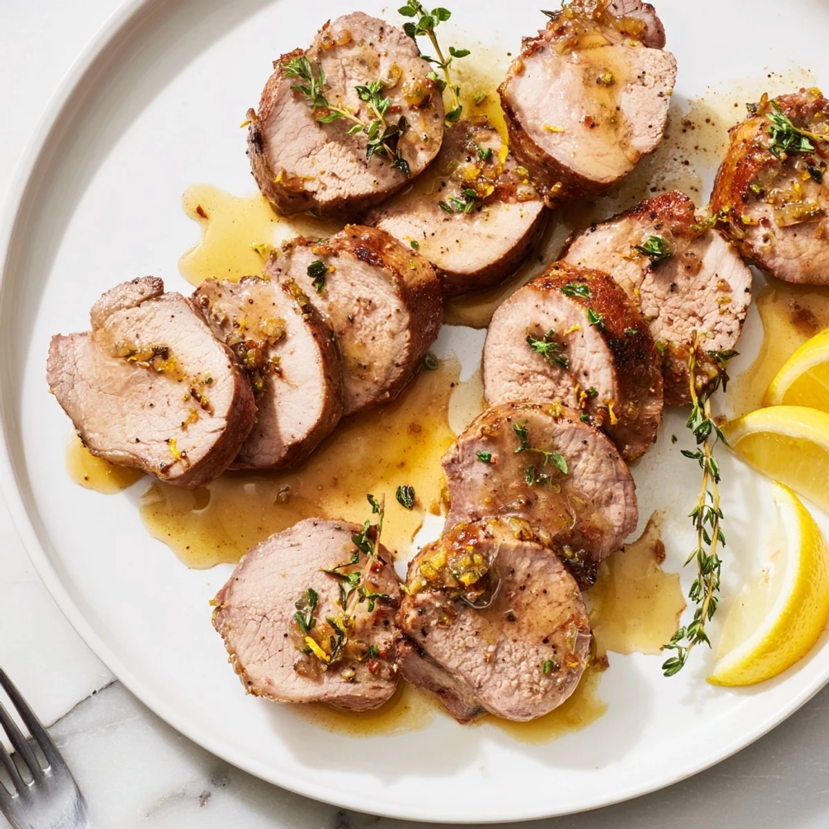 Roasted Lemon Thyme Pork Tenderloin drizzled with zesty pan sauce and thyme.  