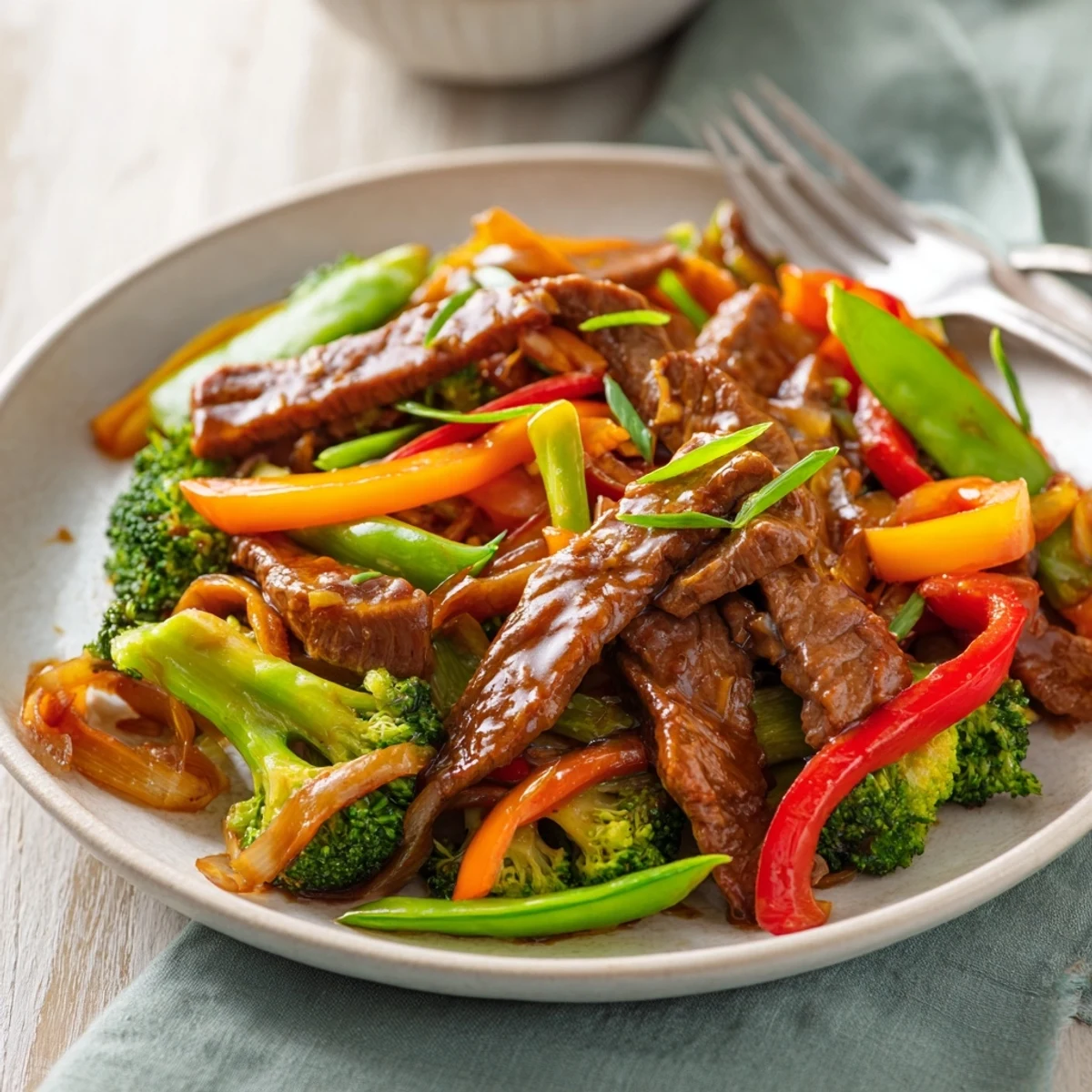 Delicious easy beef and vegetable stir-fry, featuring colorful bell peppers and succulent beef.