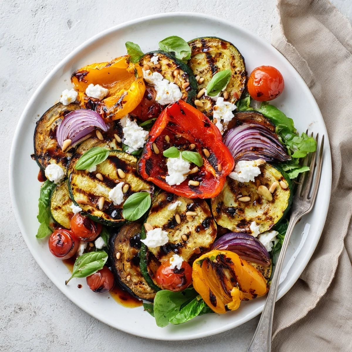 Grilled vegetable and goat cheese salad drizzled with zesty balsamic dressing and herbs.  