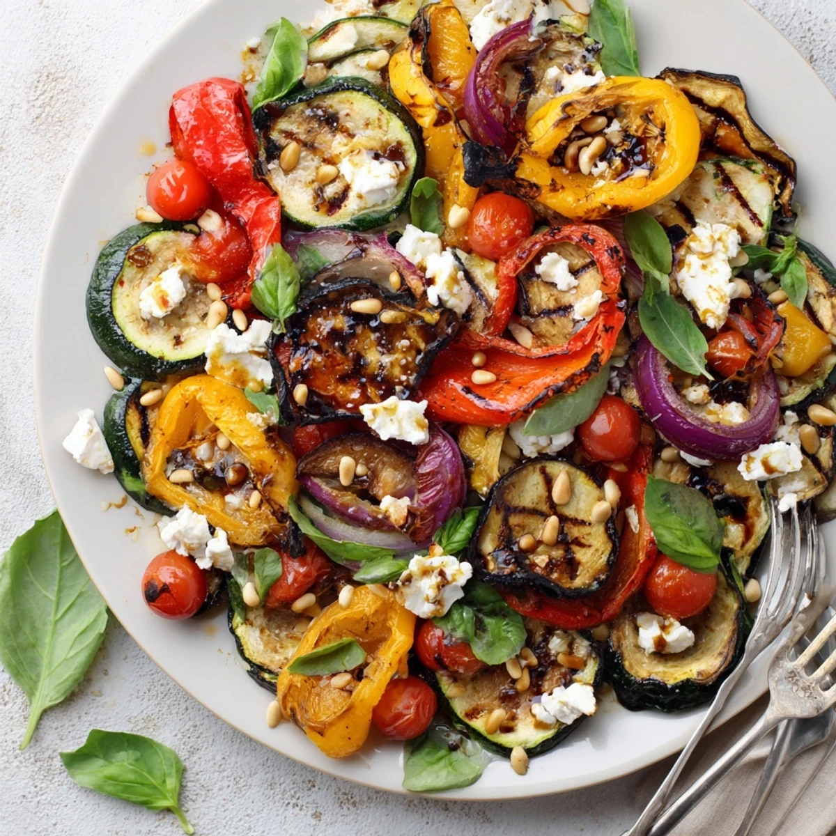Vibrant grilled vegetable and goat cheese salad served on a rustic wooden platter.