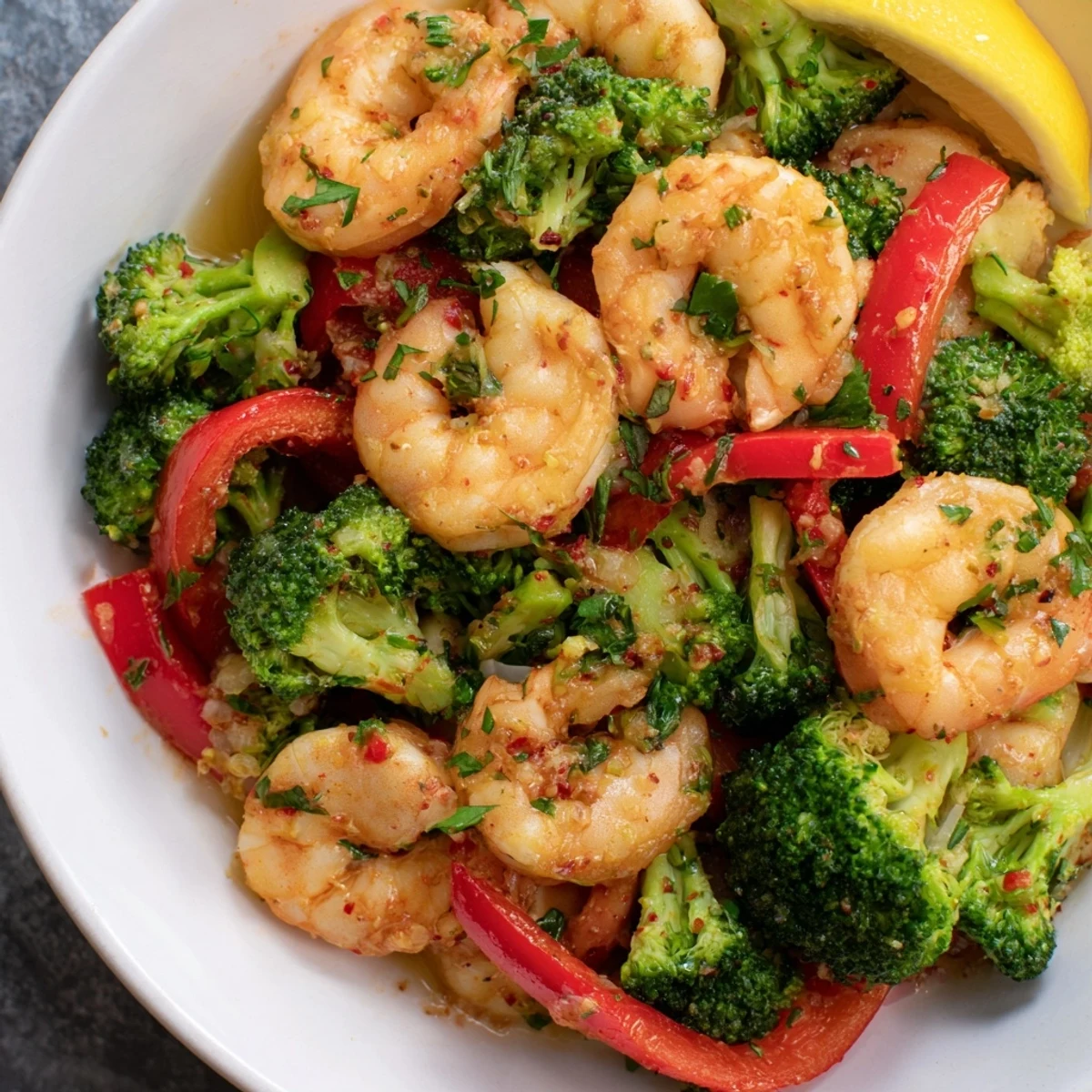 Delicious One-Pan Garlic Butter Shrimp and Broccoli served with a hint of lemon zest.