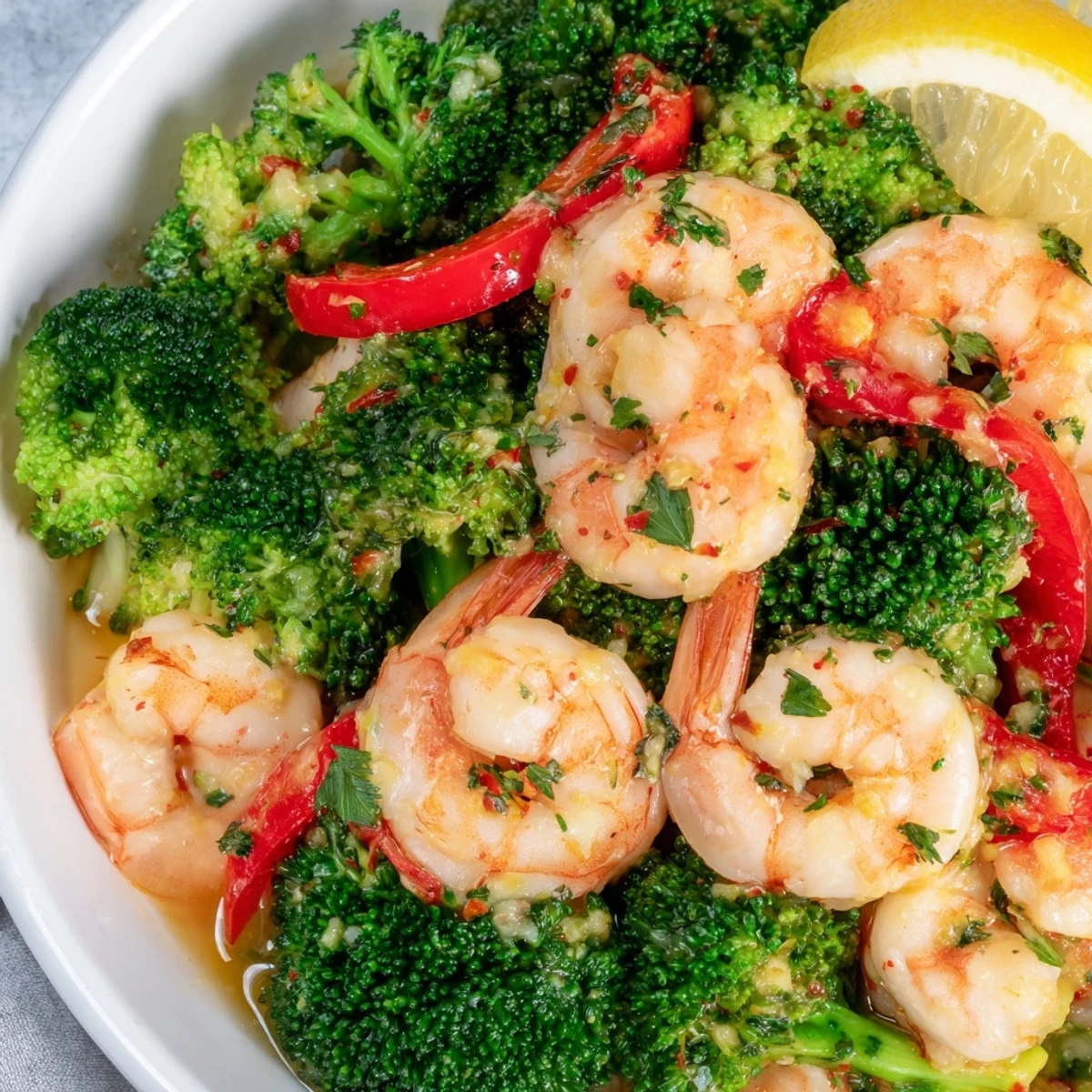 Succulent One-Pan Garlic Butter Shrimp and Broccoli dish garnished with lemon wedges.  