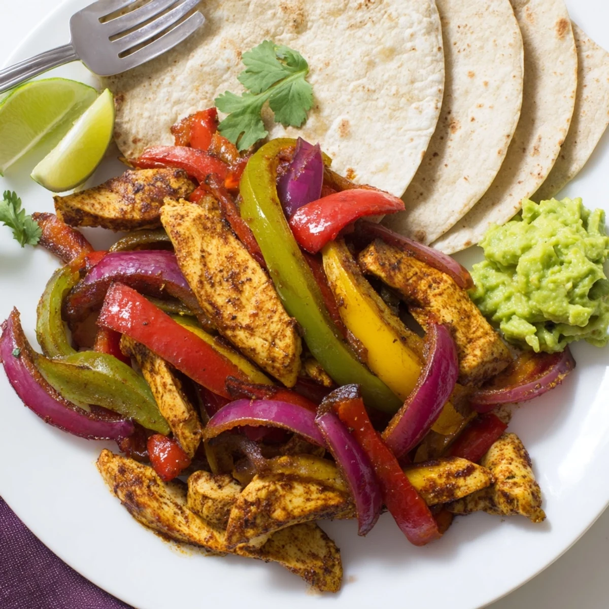 Easy sheet pan chicken fajitas served with warm corn tortillas and creamy toppings.