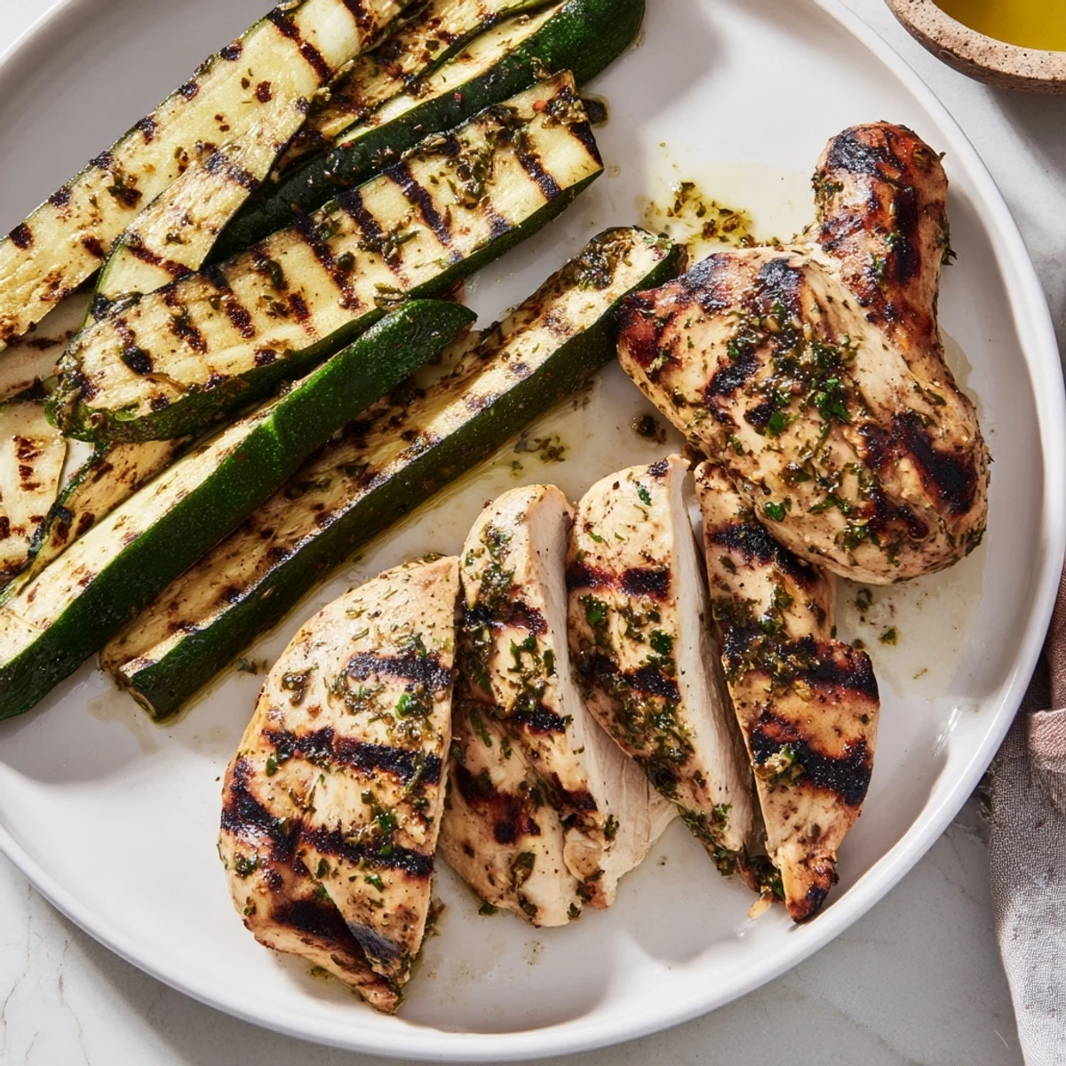 Juicy herb marinated grilled chicken served with charred zucchini strips on a plate.  