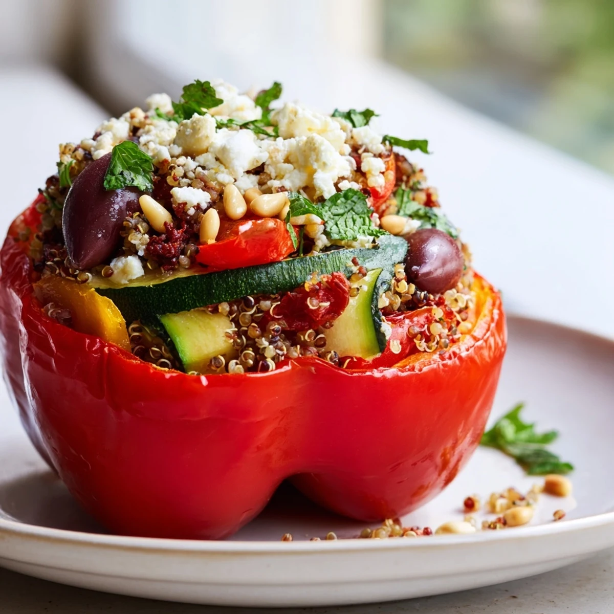 Vibrant Mediterranean stuffed peppers packed with quinoa, olives, and tangy feta cheese.