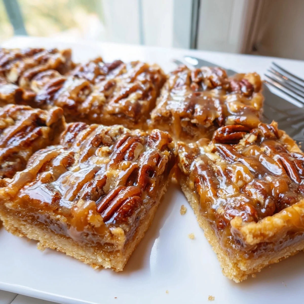 Buttery maple glazed pecan bars topped with crunchy pecans for a festive treat.  