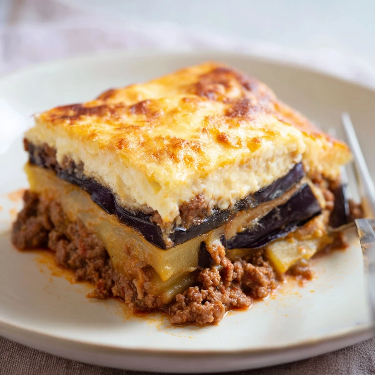 Classic Moussaka Bake layered with roasted eggplant and creamy béchamel, perfectly golden.