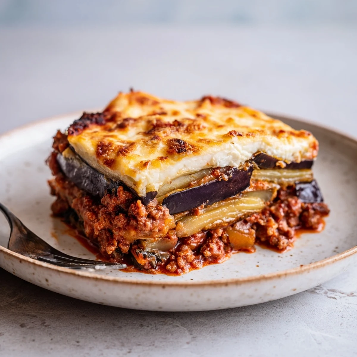 Delicious Classic Moussaka Bake with spiced meat sauce and tender vegetables, served warm.