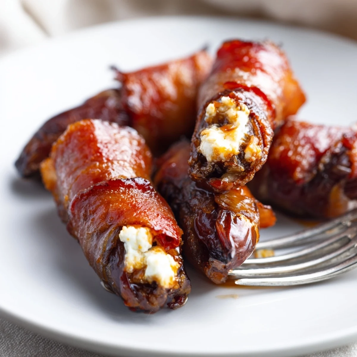 Juicy sweet and spicy bacon-wrapped dates served on a rustic platter.  