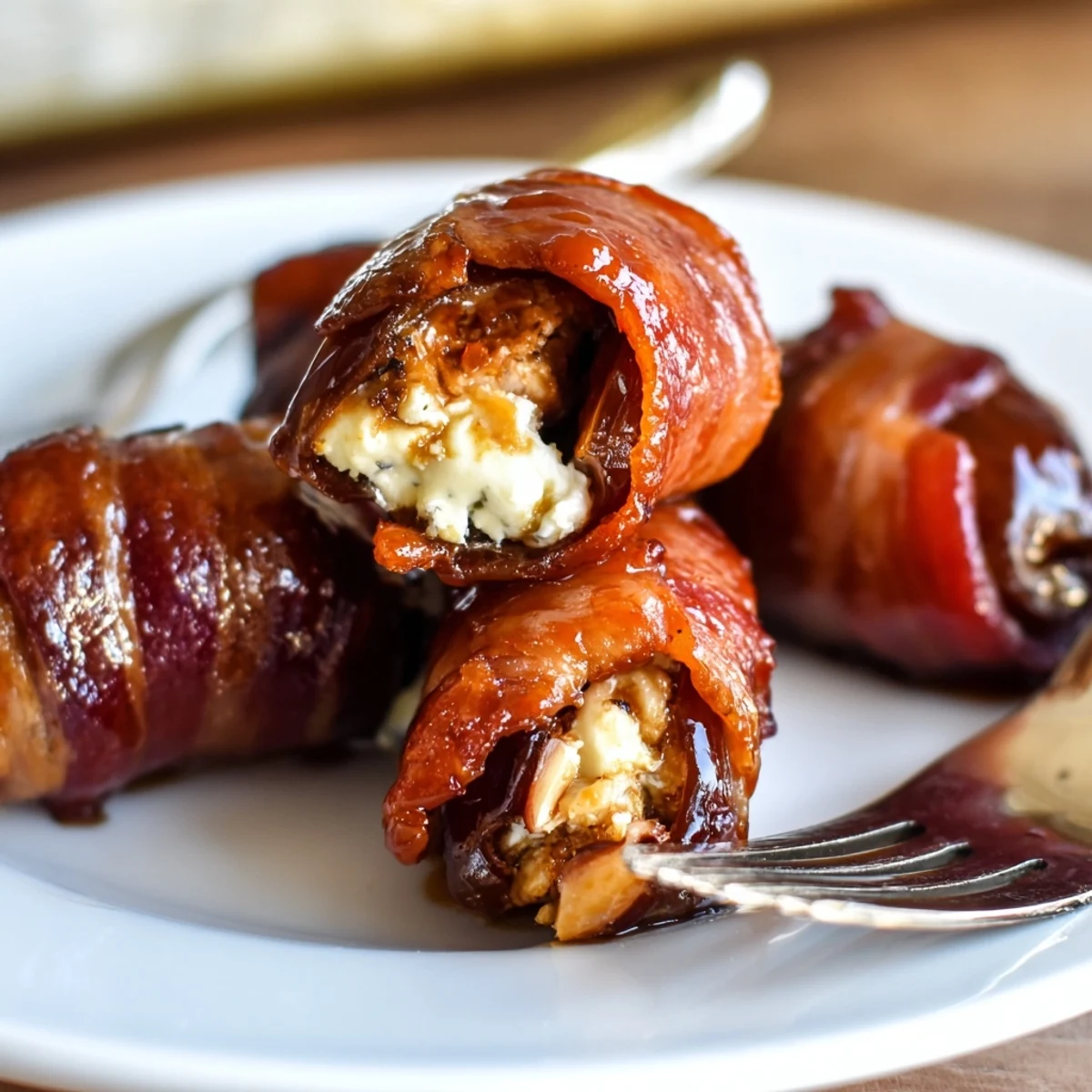 Colorful appetizer of bacon-wrapped dates glazed with honey and sriracha sauce.