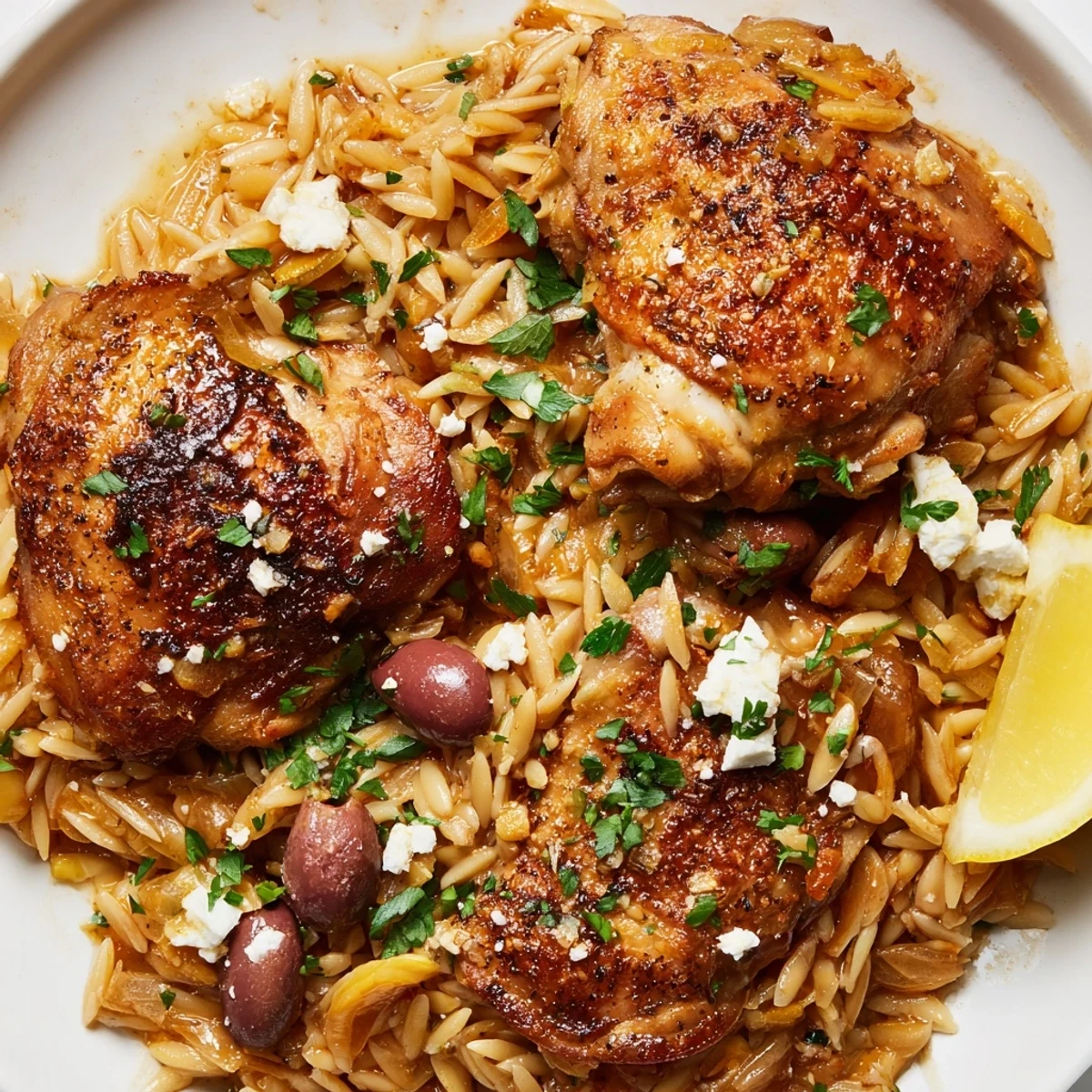 Savory Greek Lemon Chicken with Orzo nestled in a rich lemon-garlic broth, vibrant and aromatic.