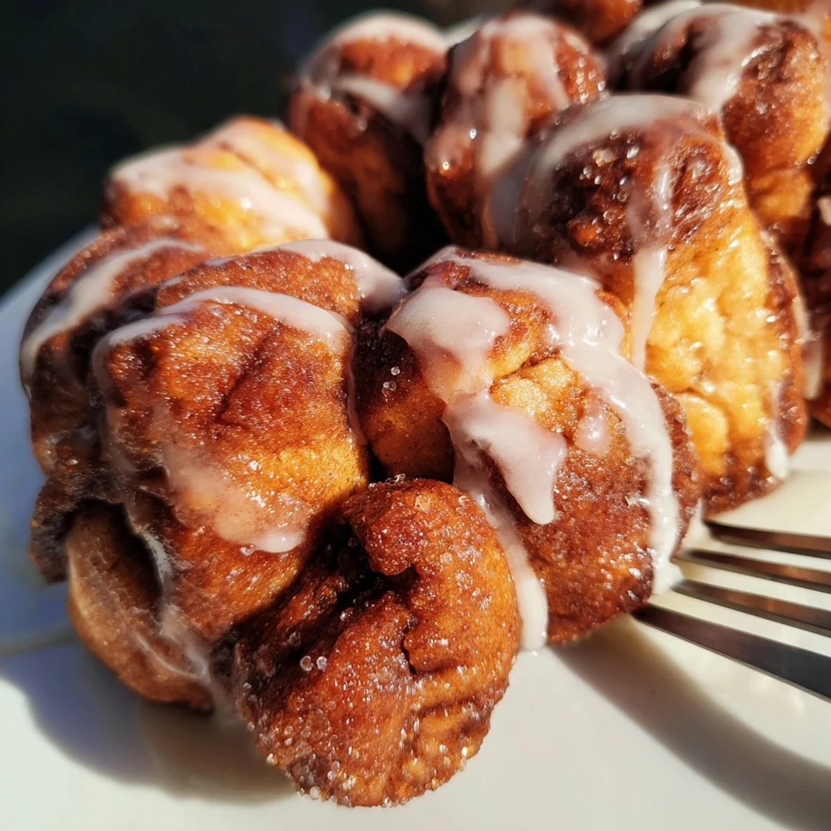 Warm Cinnamon Sugar Monkey Bread baked to golden perfection, drizzled with sweet buttery glaze.  