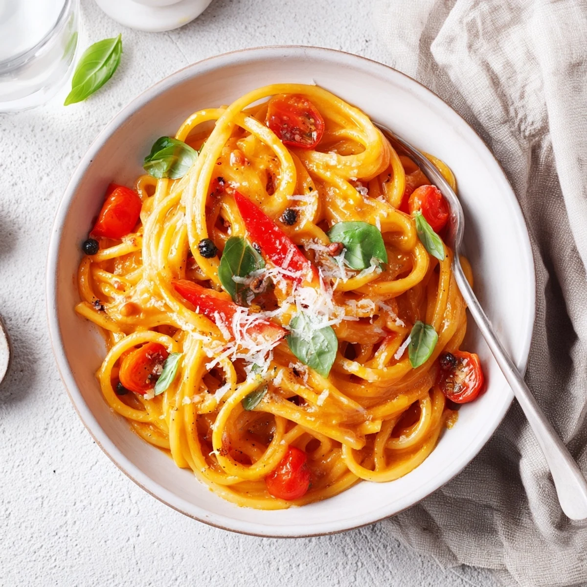 Vibrant fresh tomato basil pasta garnished with Parmesan and basil for a delightful meal.  