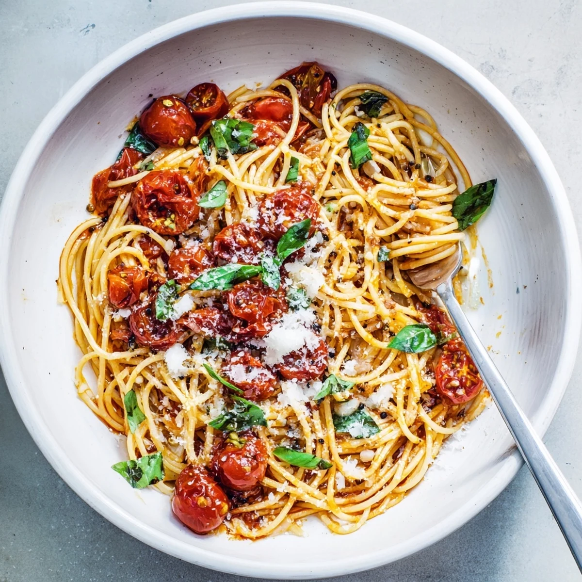 A colorful bowl of fresh tomato basil pasta topped with aromatic garlic and herbs.  