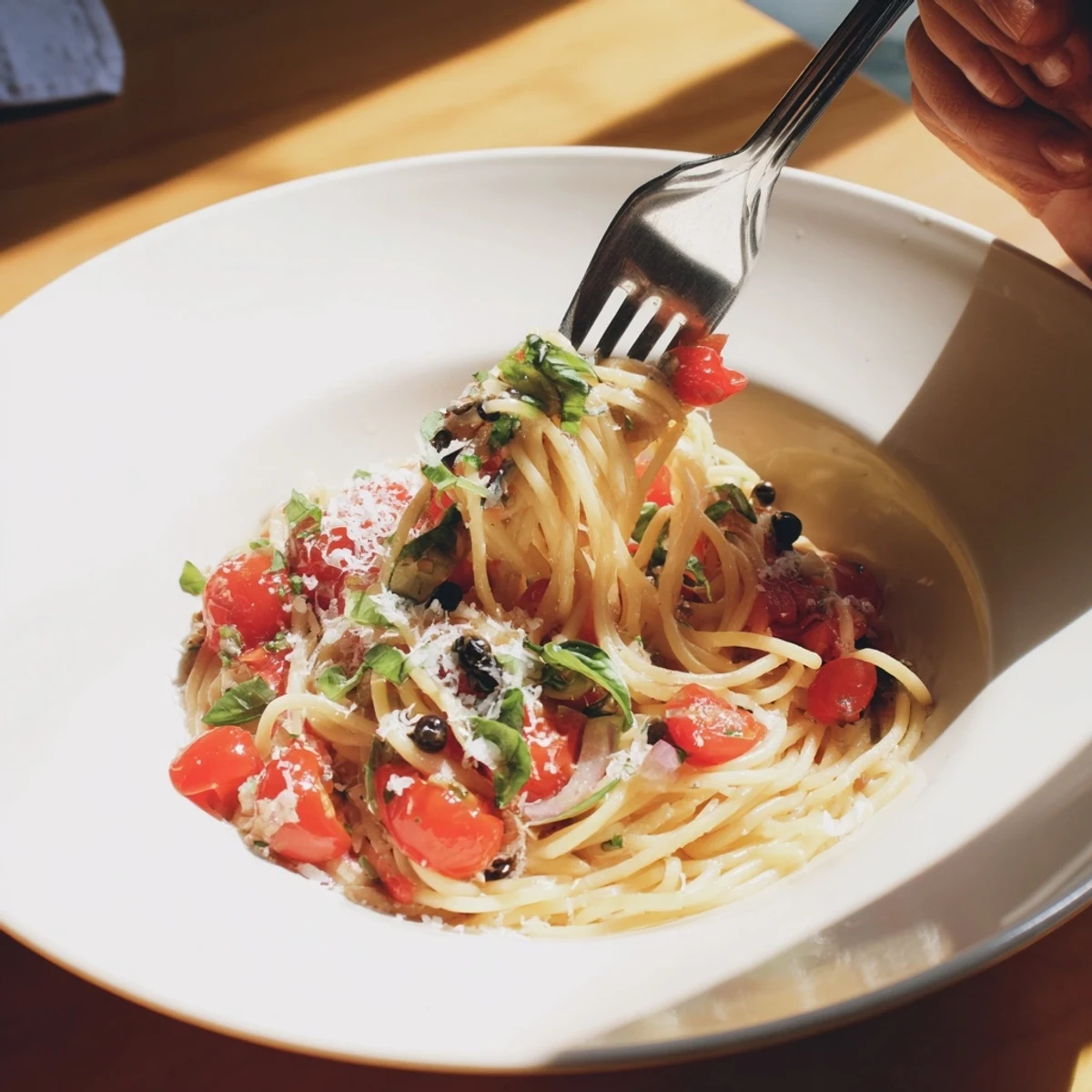 Delicious fresh tomato basil pasta served warm with a sprinkle of red pepper flakes.