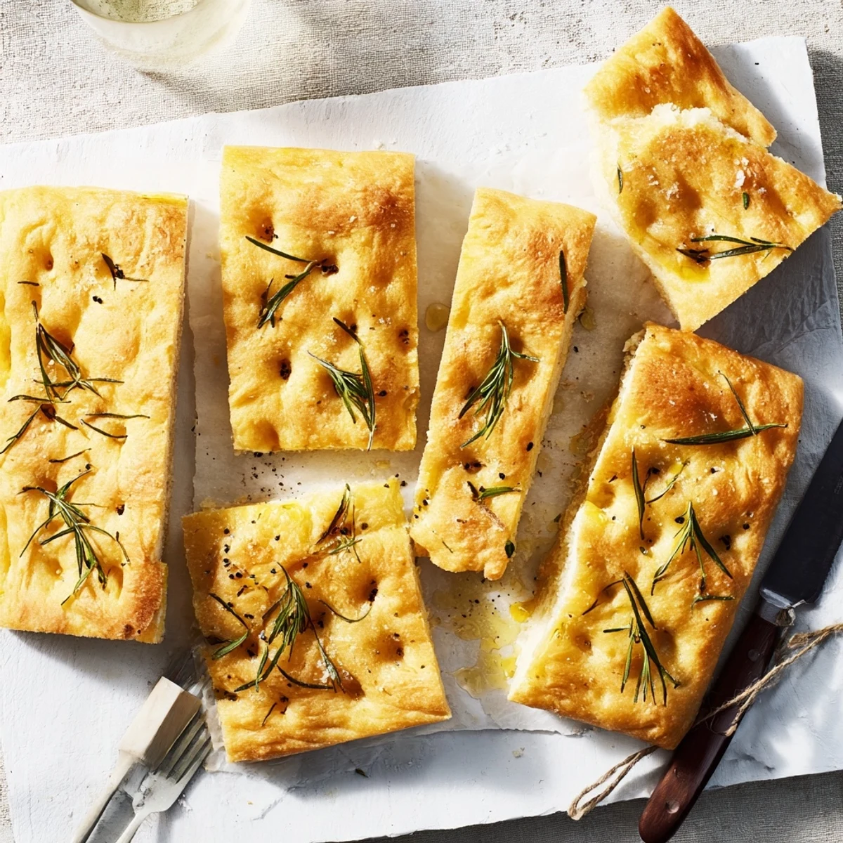 Golden Rustic Italian Focaccia topped with fragrant herbs, a perfect appetizer.  