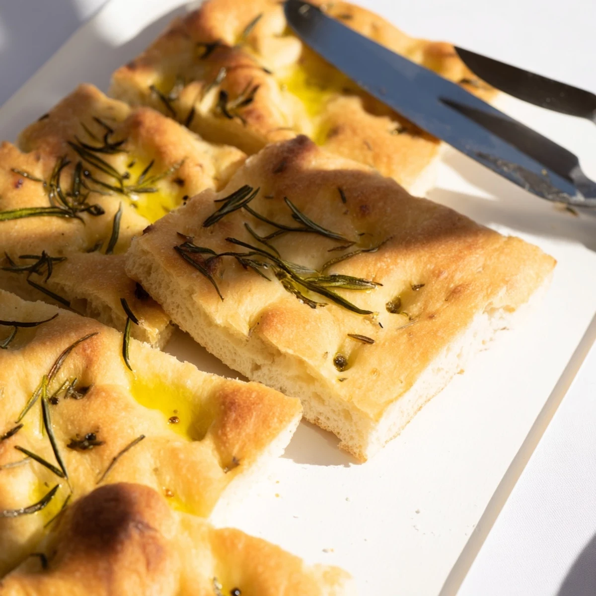 Fluffy Rustic Italian Focaccia drizzled with olive oil and sprinkled with fresh thyme.  