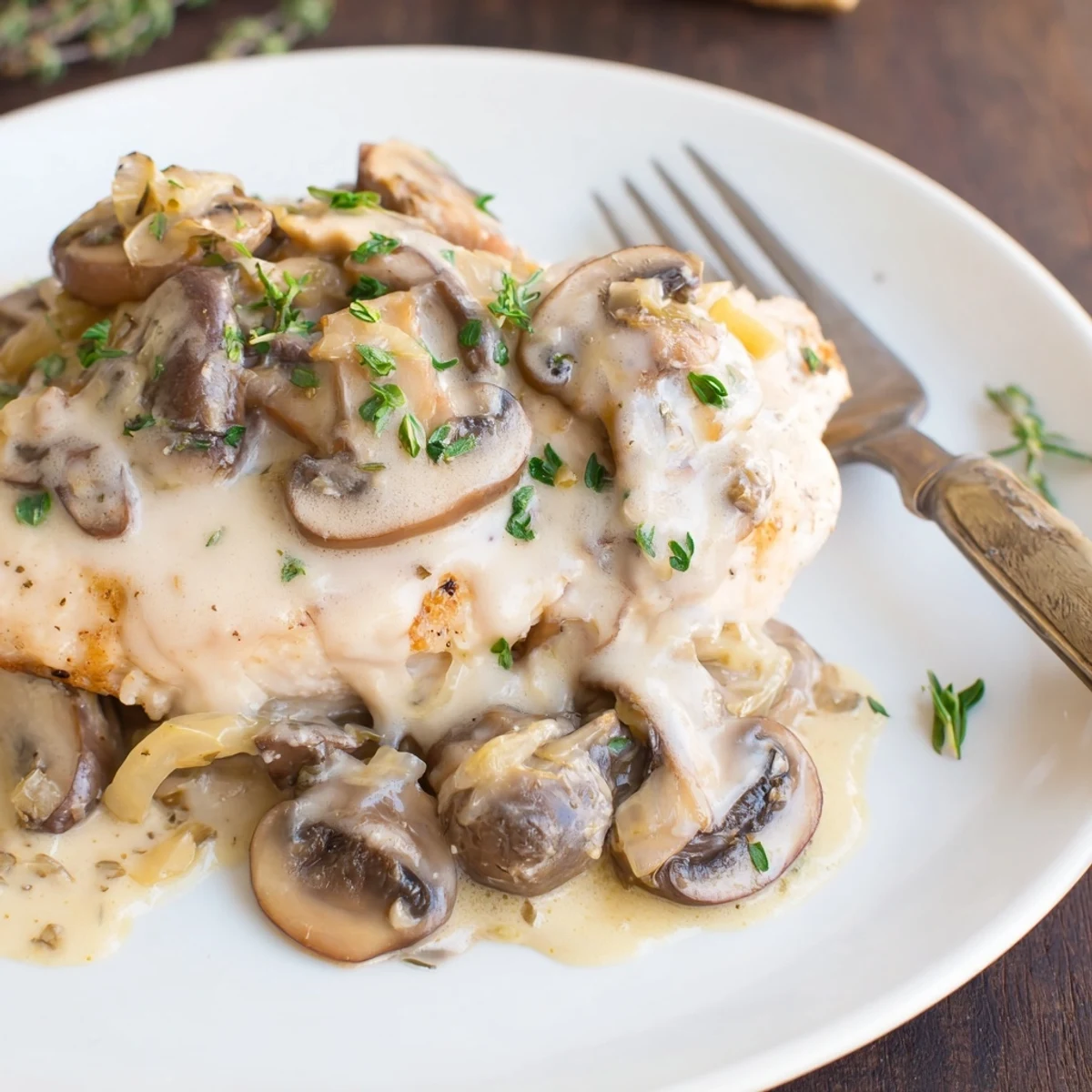 A plate of Creamy Herb Mushroom Chicken drizzled with rich, herb-infused cream.  