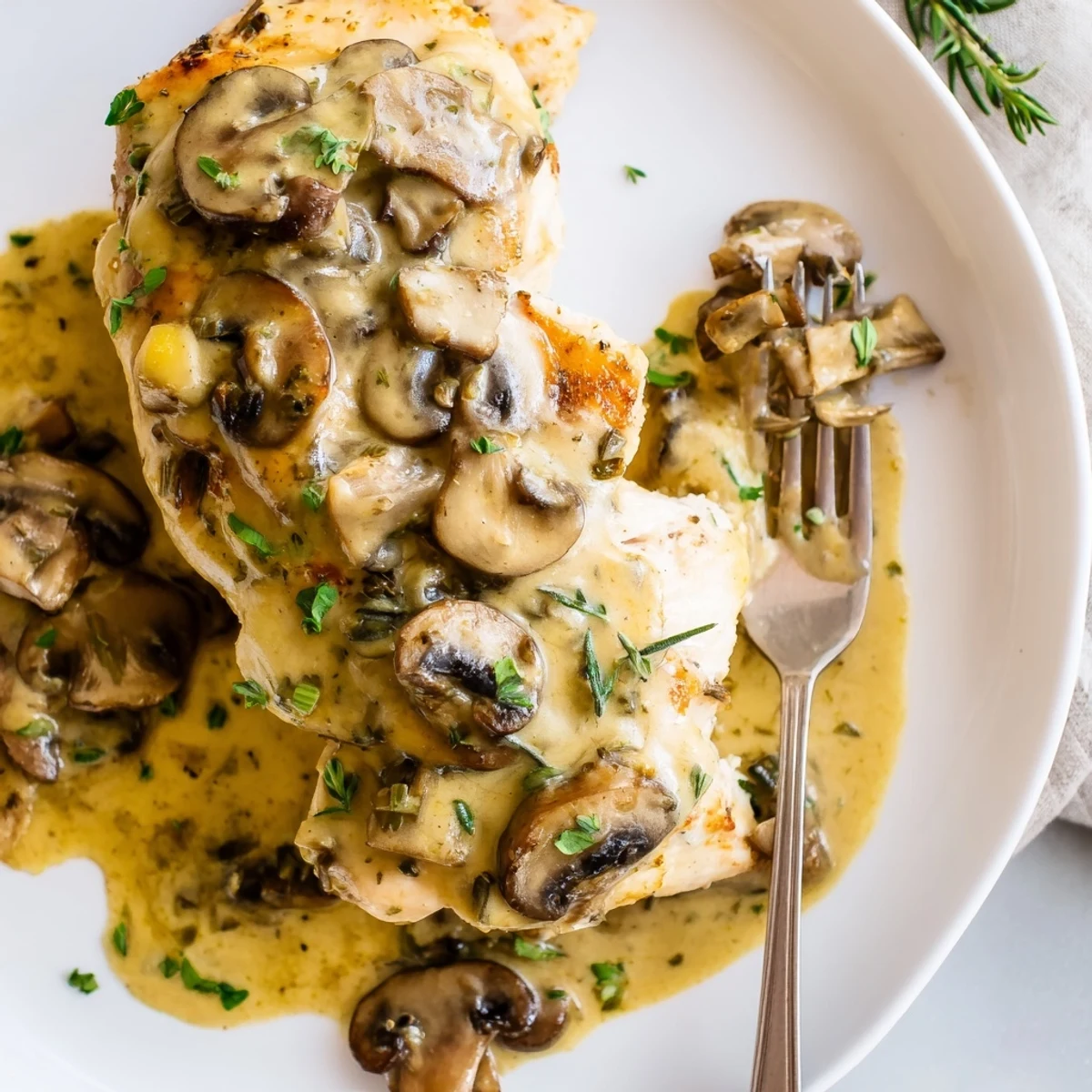 Creamy Herb Mushroom Chicken served with sautéed mushrooms and a velvety sauce.  