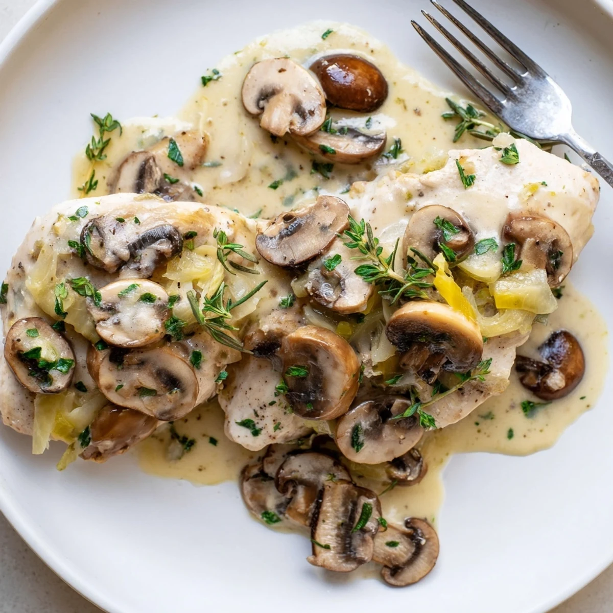 Deliciously tender Creamy Herb Mushroom Chicken garnished with fresh parsley and herbs.
