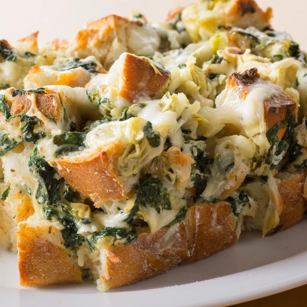 Creamy Cheesy Spinach and Artichoke Bread Bake topped with melted mozzarella and golden crust.  