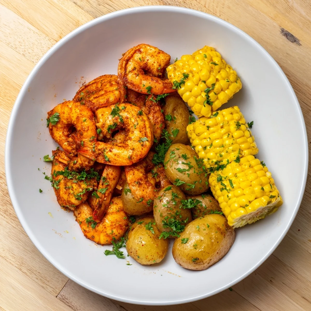 Cajun Shrimp & Sweet Corn Platter: a colorful, sizzling platter of shrimp, corn, and potatoes, ready to eat.