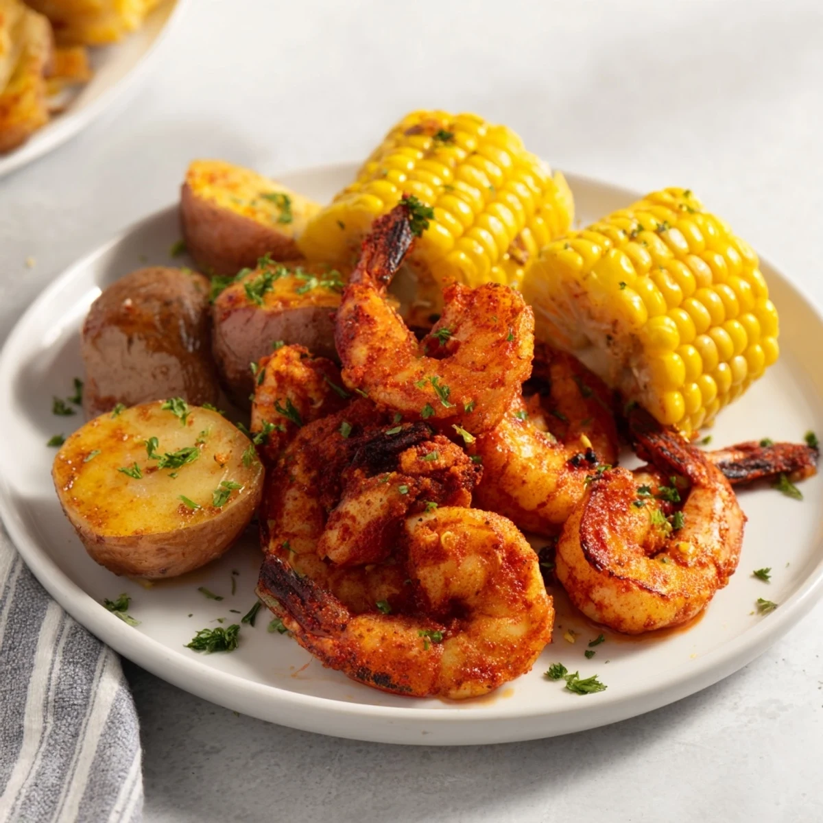 Golden-brown Cajun Shrimp & Sweet Corn Platter, featuring perfectly roasted potatoes and flavorful shrimp; a summer feast.