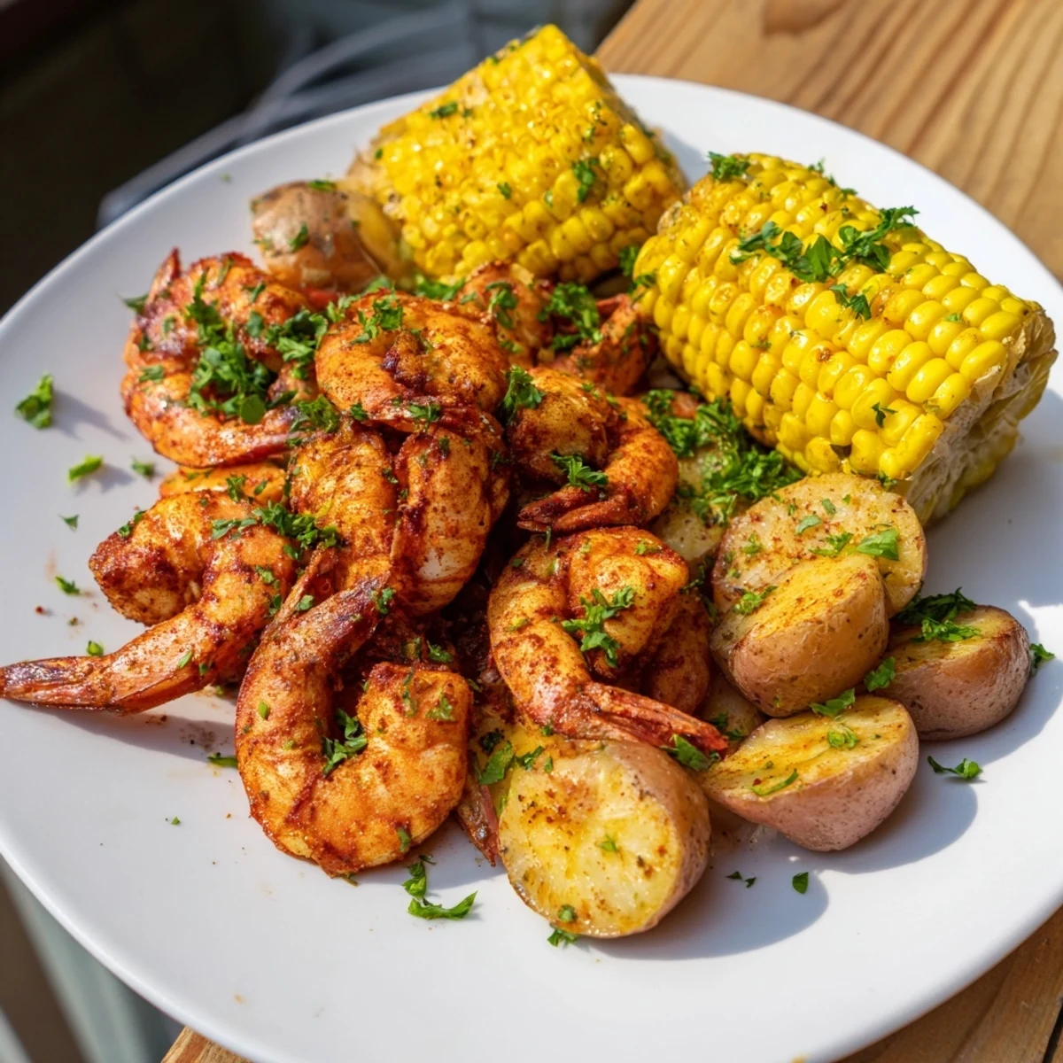 Close-up of a delicious Cajun Shrimp & Sweet Corn Platter with juicy shrimp and vibrant roasted vegetables.