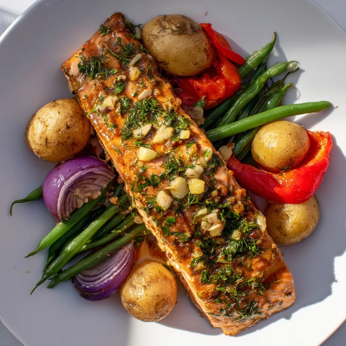 Brightly colored sheet pan of Lemon Herb Salmon & Potato, showcasing tender salmon and crispy potatoes.