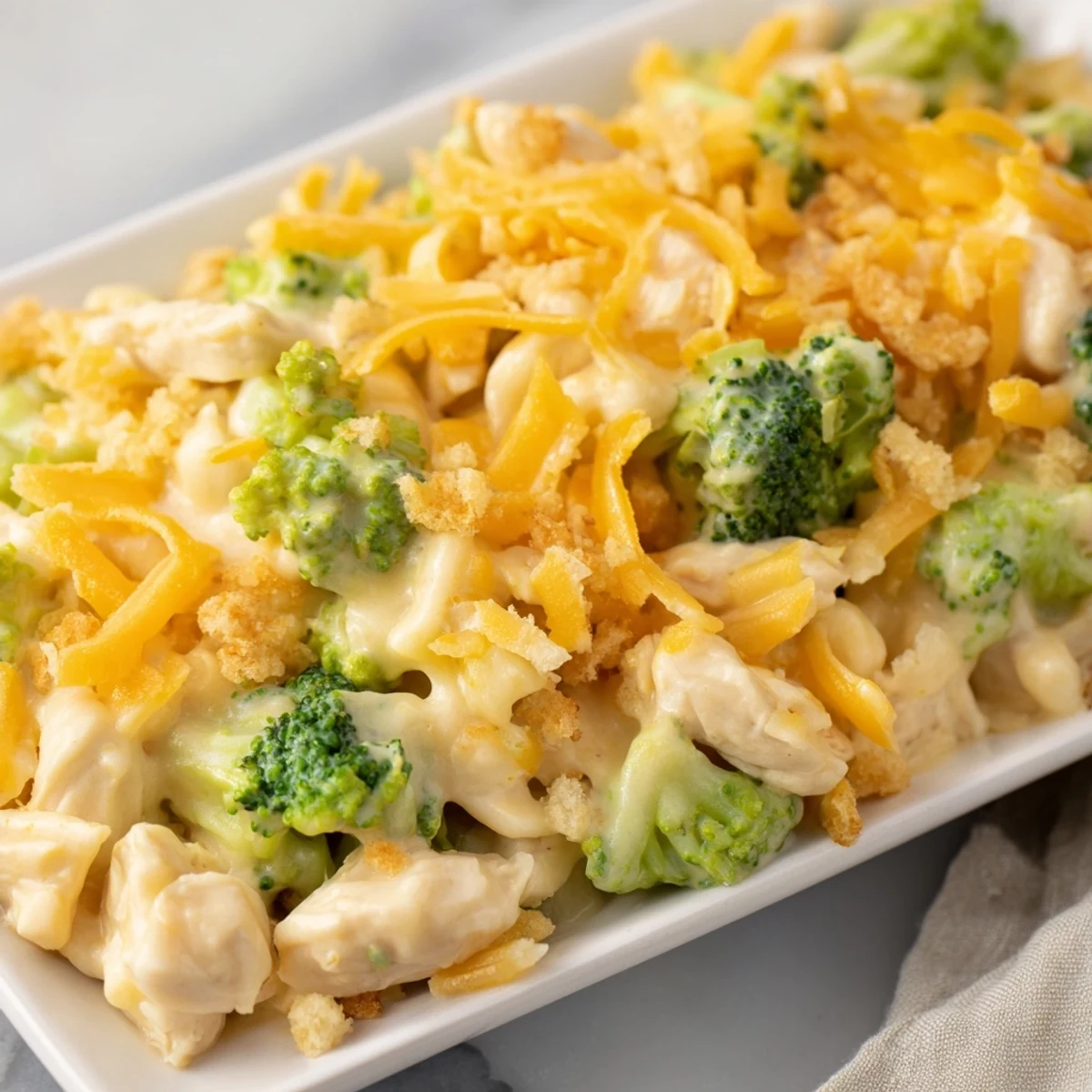 Chicken & Broccoli Cheddar Bake bubbling, rich, and cheesy, a perfect family-friendly casserole.