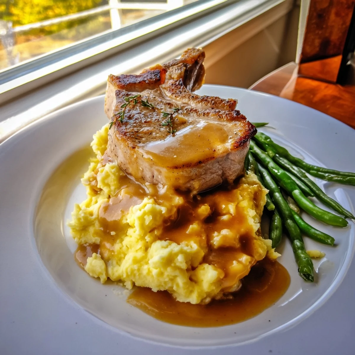 Tender, seared Pork Chops & Cheddar Mash Bowl, served with rich gravy and vibrant green beans.