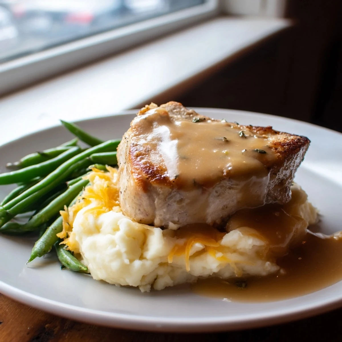 A hearty Pork Chops & Cheddar Mash Bowl: savor the creamy mash and juicy pork with fresh sides.