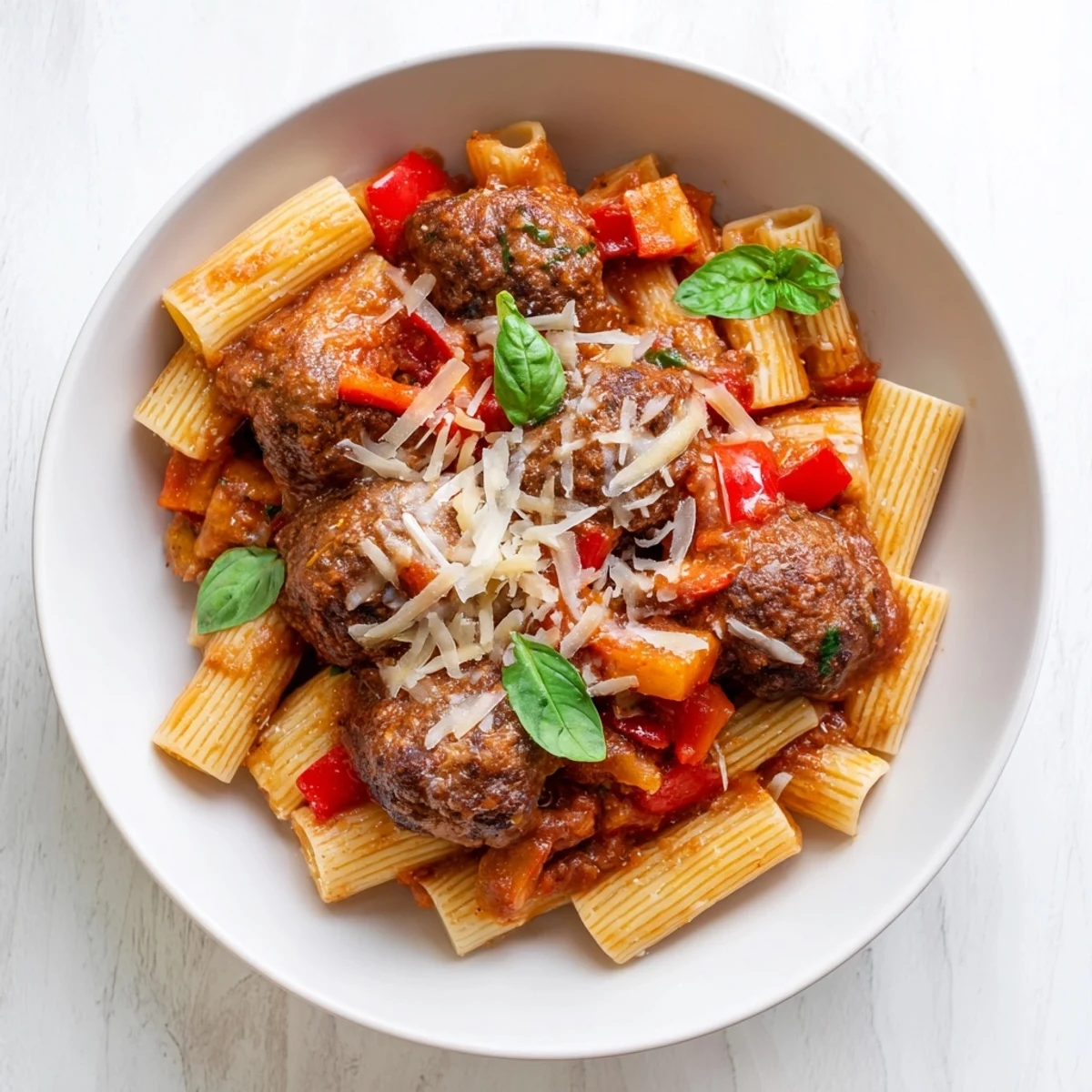 Skillet of Italian Meatball Pasta with bubbly cheese and fresh basil, ready to serve this comforting meal.
