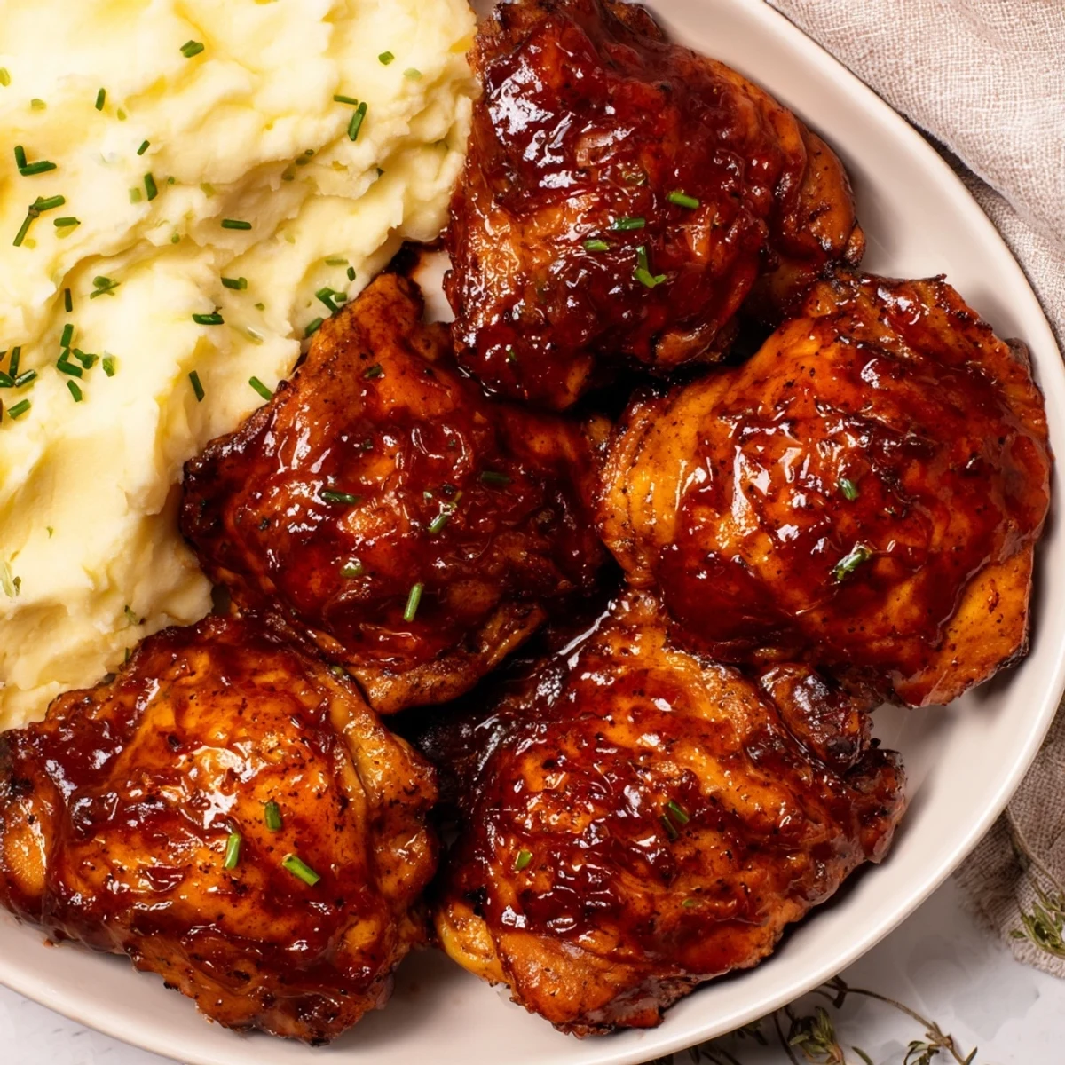 Tender, juicy honey BBQ chicken thighs with a sweet glaze, presented with comforting garlic mashed potatoes.