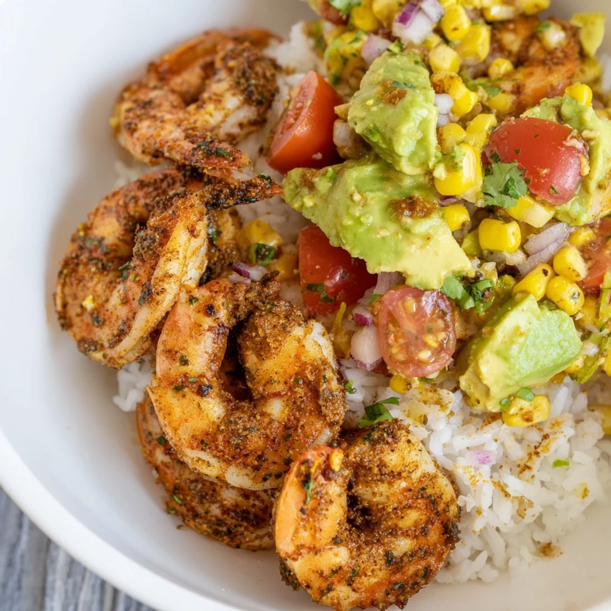 Plated Blackened Shrimp Bowl with lime wedges offers a colorful, healthy meal with Southwestern inspired flavors.