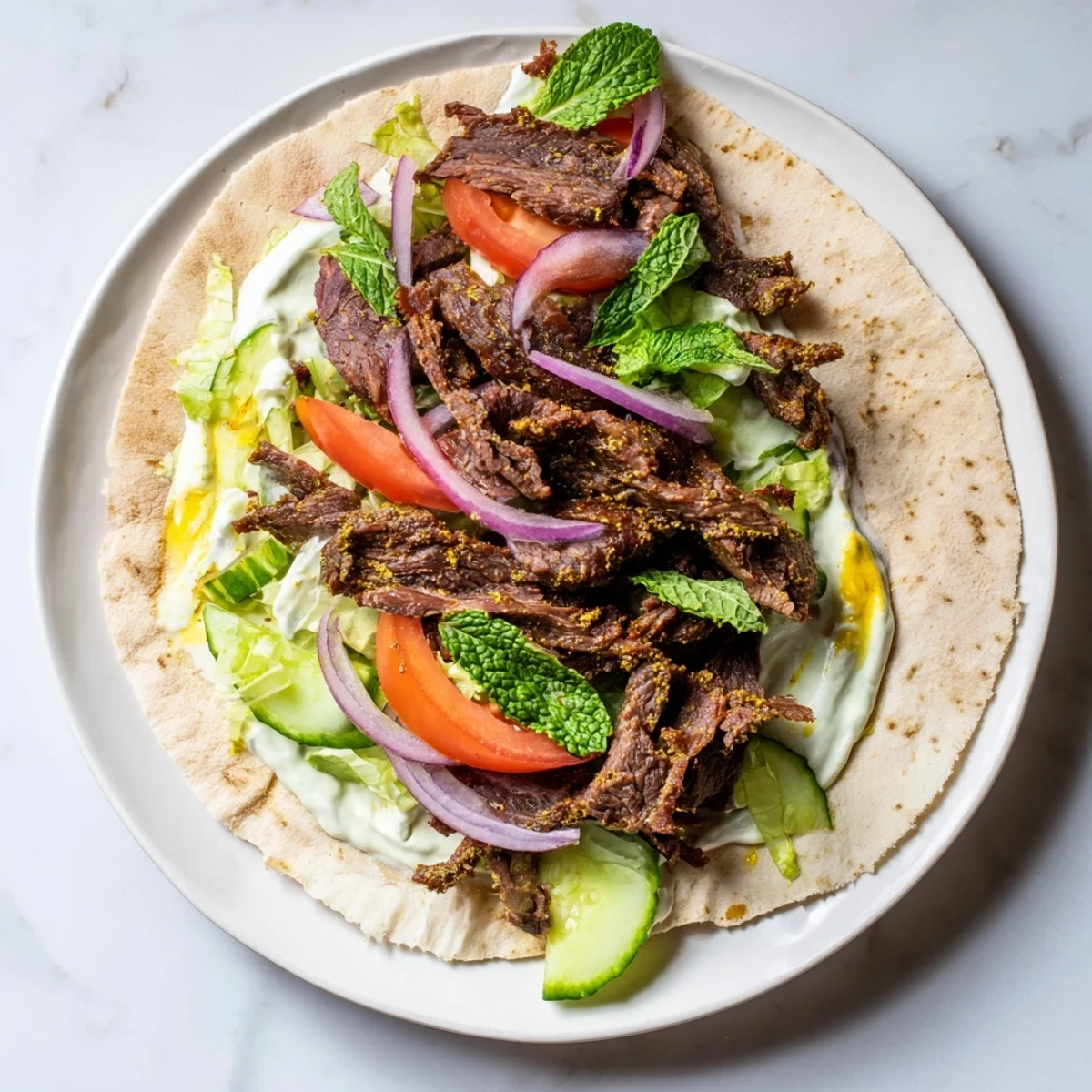 Sizzling beef shawarma wraps, a vibrant street food meal with creamy yogurt sauce and fresh veggies.