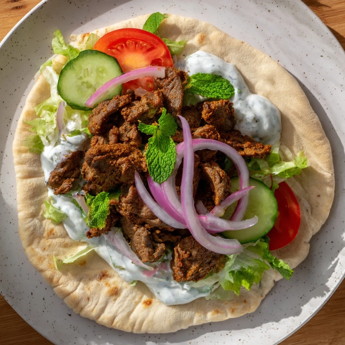 Enjoy delicious beef shawarma wraps, expertly rolled and filled with flavorful ingredients for dinner.