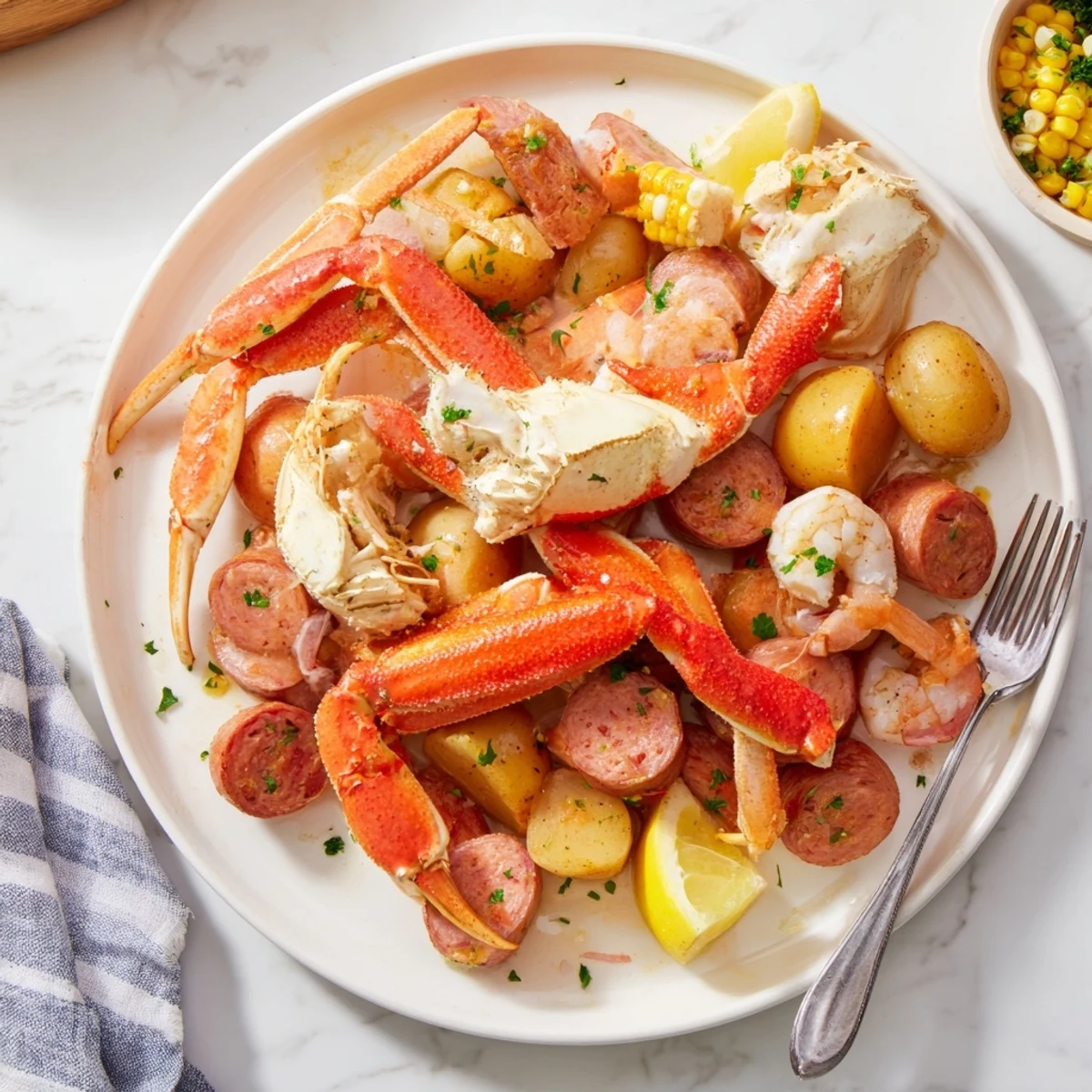 Steaming Seafood Boil with crab, shrimp, and sausage: a colorful platter ready to serve.