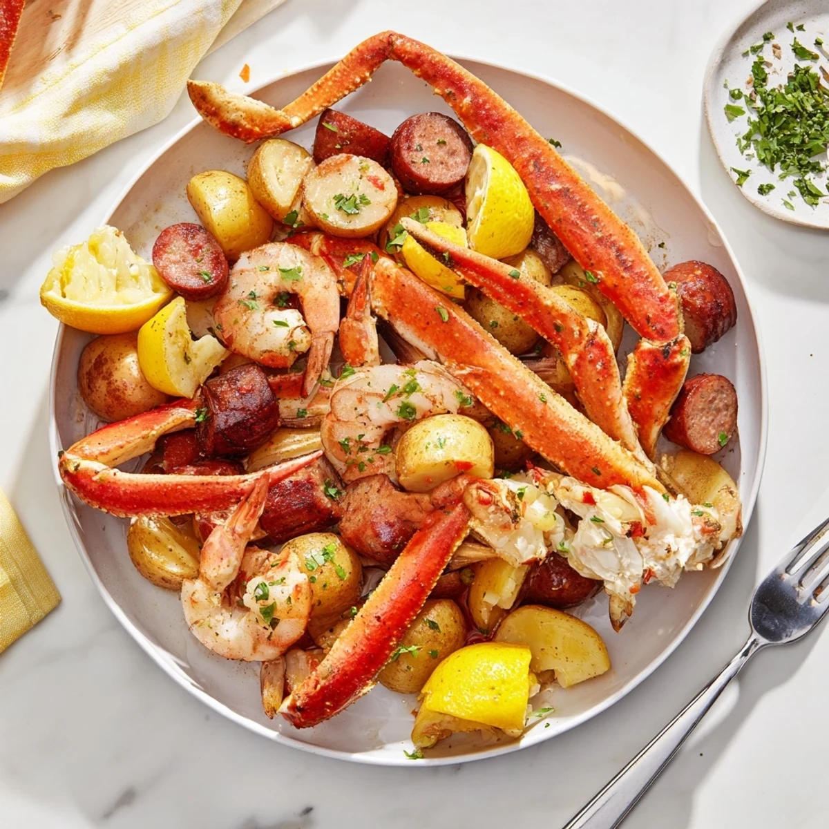Delicious Seafood Boil with crab, shrimp, and sausage served with melted butter and fresh parsley.