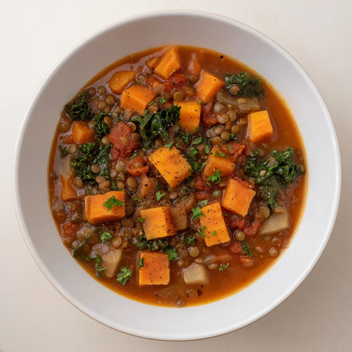 Steaming Winter Vegetable & Lentil Soup with vibrant veggies and hearty lentils, ready to serve.