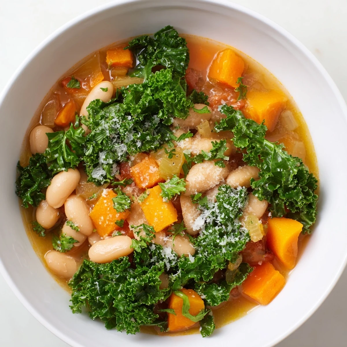 Bright red diced tomatoes and kale star in a savory Italian Bean & Kale Stew, ready to enjoy.
