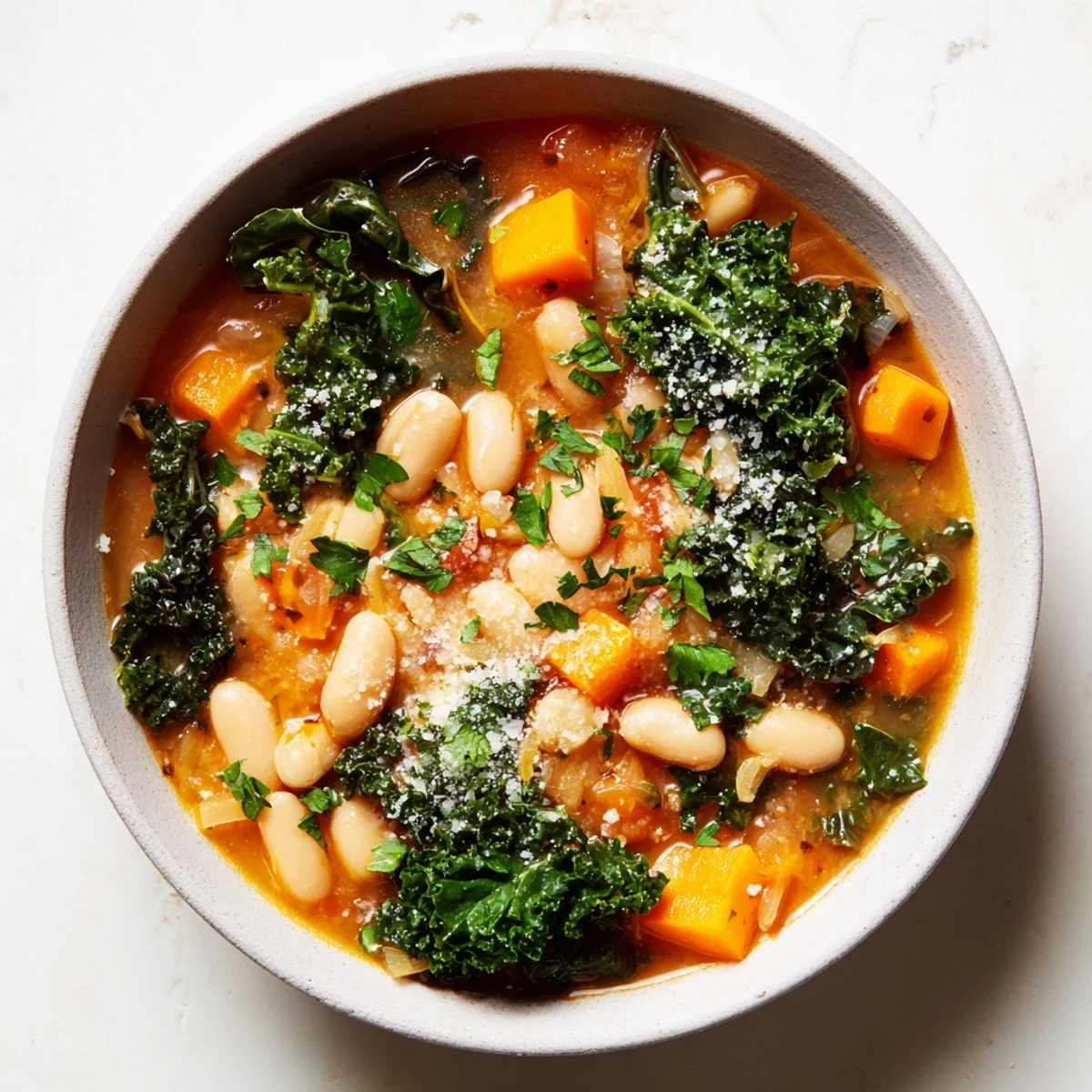 Steaming bowl of Italian Bean & Kale Stew, a vibrant and comforting vegetarian dinner.