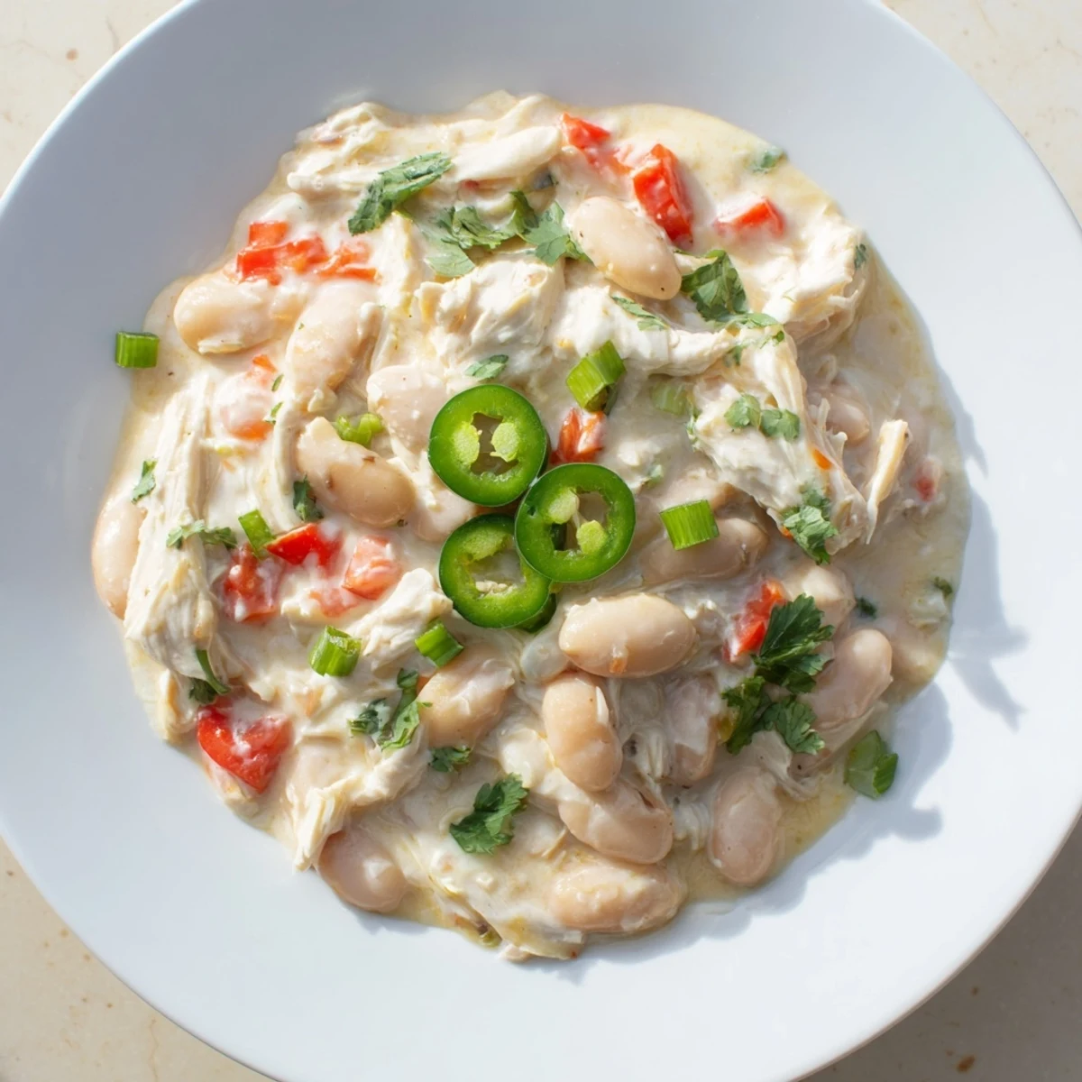 A steaming bowl of Creamy White Chicken Chili with beans, garnished with fresh cilantro and cheese.
