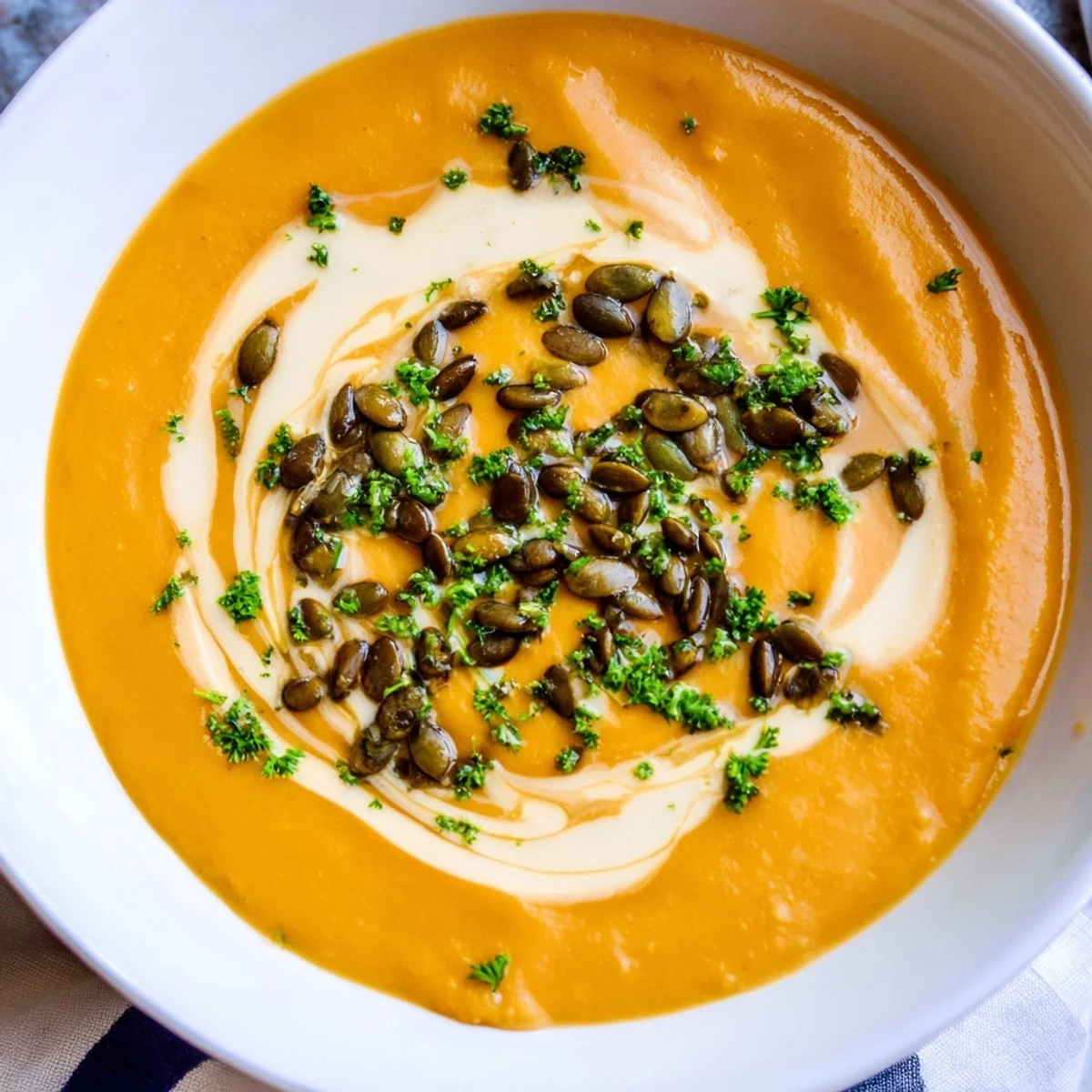 A bowl of autumnal butternut squash and pear soup, garnished with green herbs and seeds.