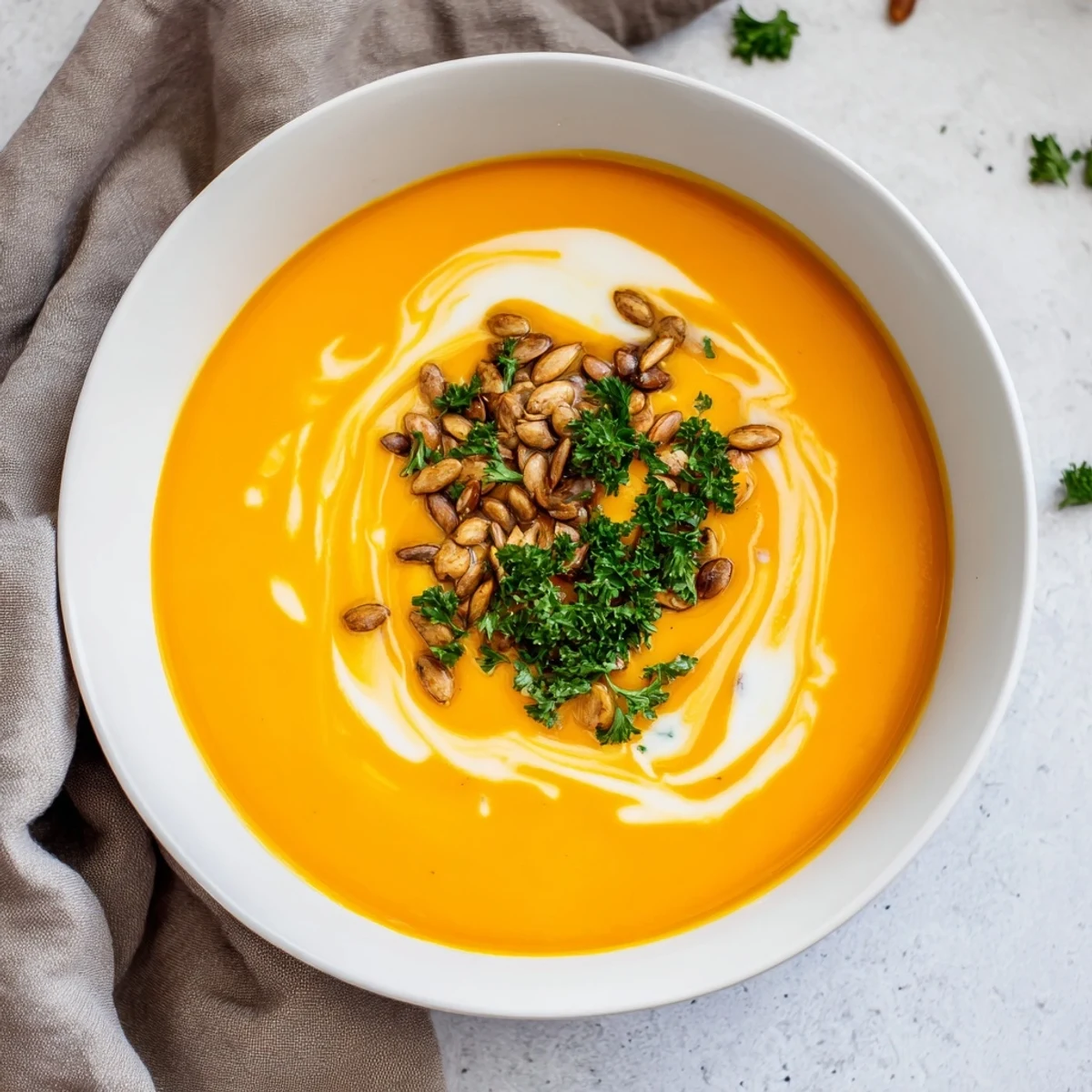 Steaming, velvety butternut squash and pear soup, a perfect blend of sweet and savory flavors.