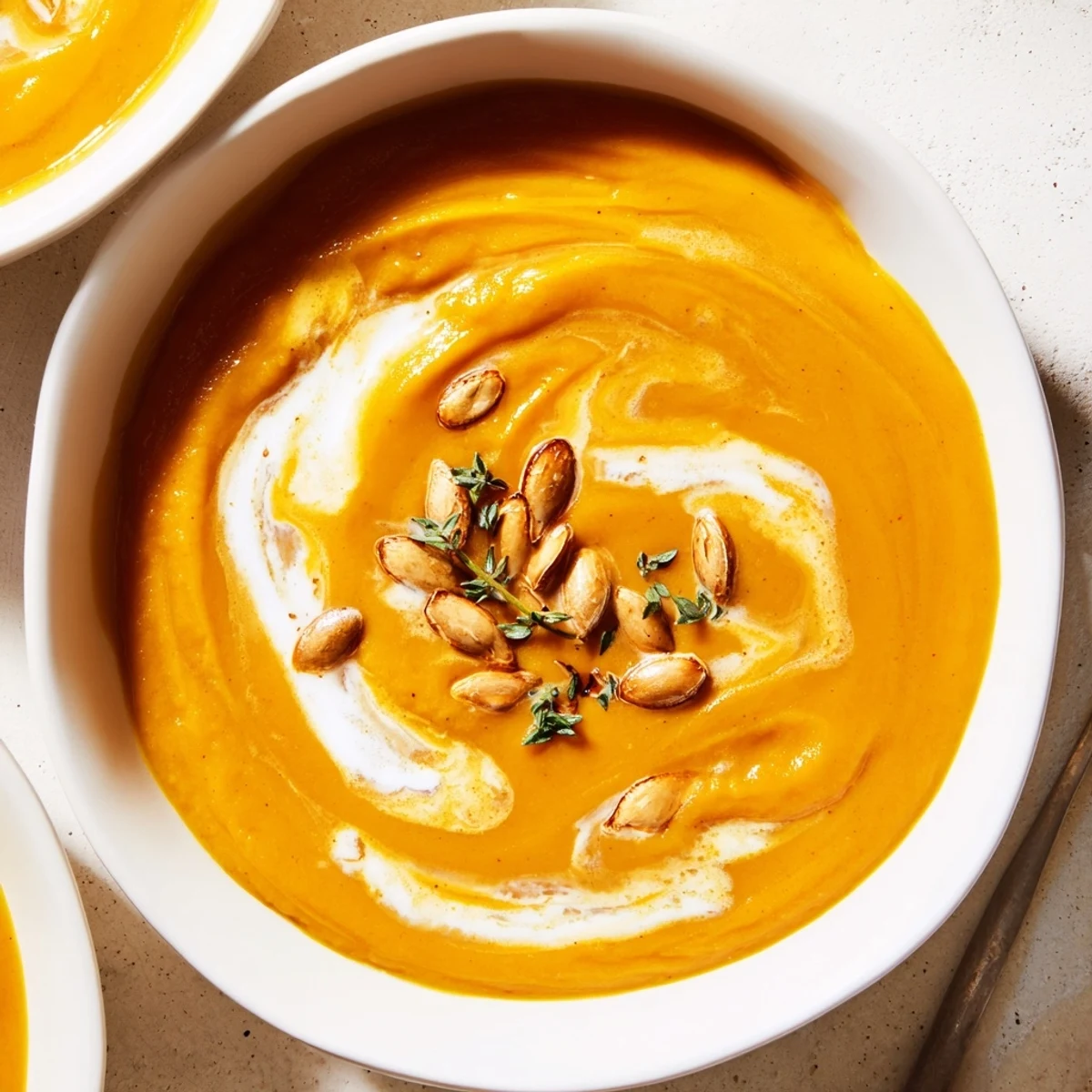 Creamy roasted acorn squash soup, a velvety, smooth texture, served warm in a bowl with garnishes.