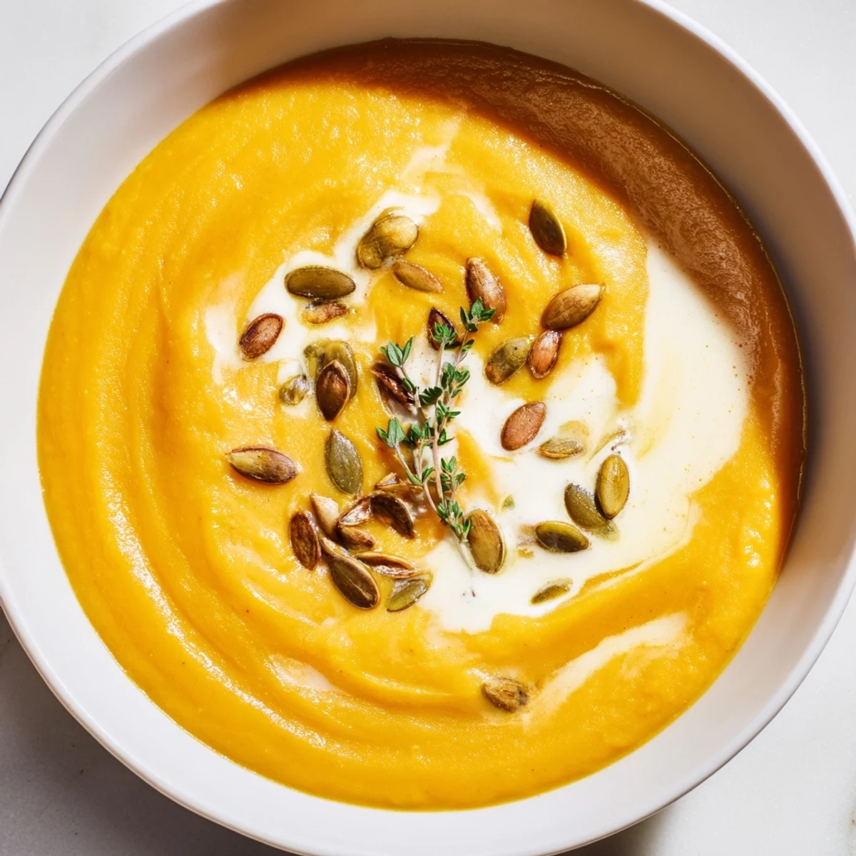 Delicious, spiced Creamy Roasted Acorn Squash Soup, beautifully garnished with toasted pumpkin seeds and fresh thyme.