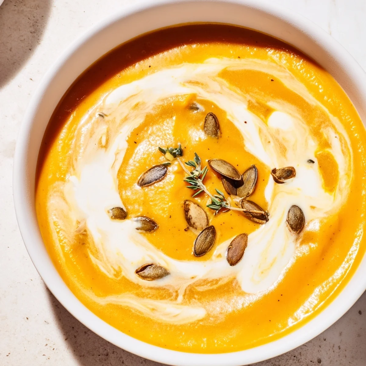 This image shows a bowl of vibrant, orange Creamy Roasted Acorn Squash Soup; a perfect Autumn meal.